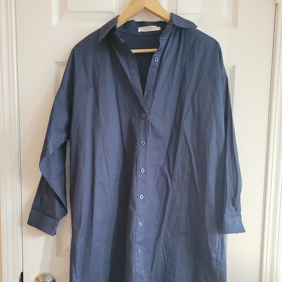 Navy Blue Midi Shirt Dress - Picture 1 of 4